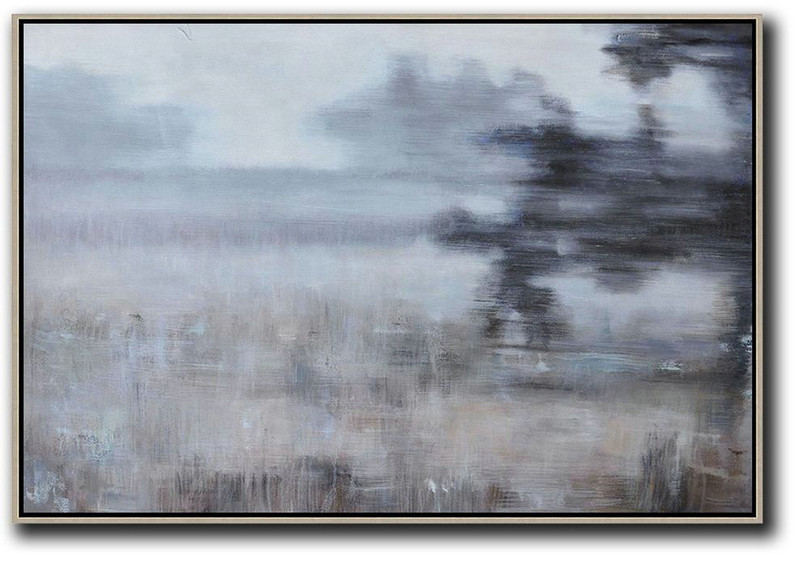 Horizontal Abstract Landscape Oil Painting On Canvas,Modern Art Abstract Painting,Grey,Black,Brown